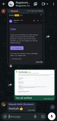 Ranjeet WhatsApp chat confirming Stripe live payments approval & Tax info verified