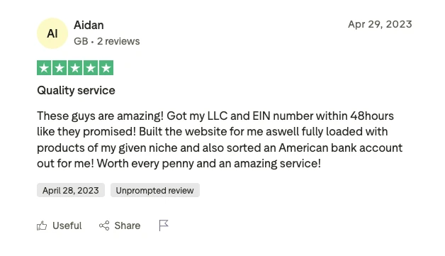 Trustpilot review - Aidan