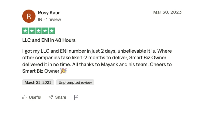 Trustpilot review - Rosy Kaur