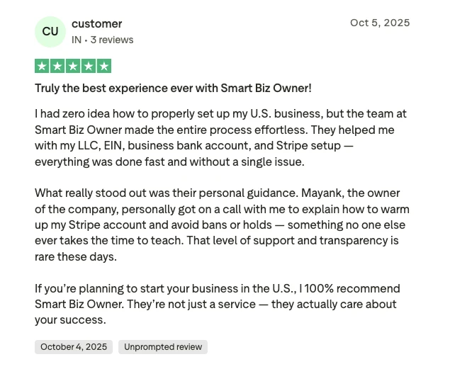 Trustpilot review - Verified Customer