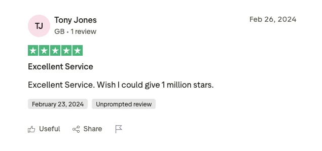 Trustpilot review - Tony Jones