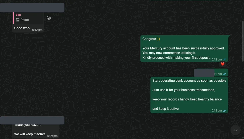 Redacted client support screenshot sharing a Mercury account approval