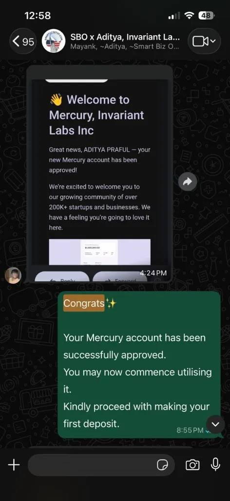 WhatsApp client confirmation - Aditya Praful - Invariant Labs Inc - Mercury account approved