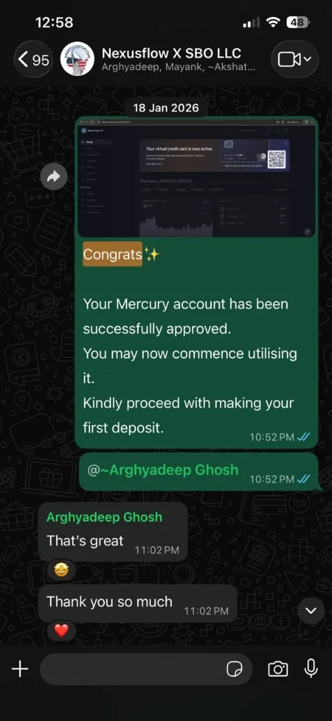 WhatsApp client confirmation - Arghyadeep Ghosh - Mercury account approved