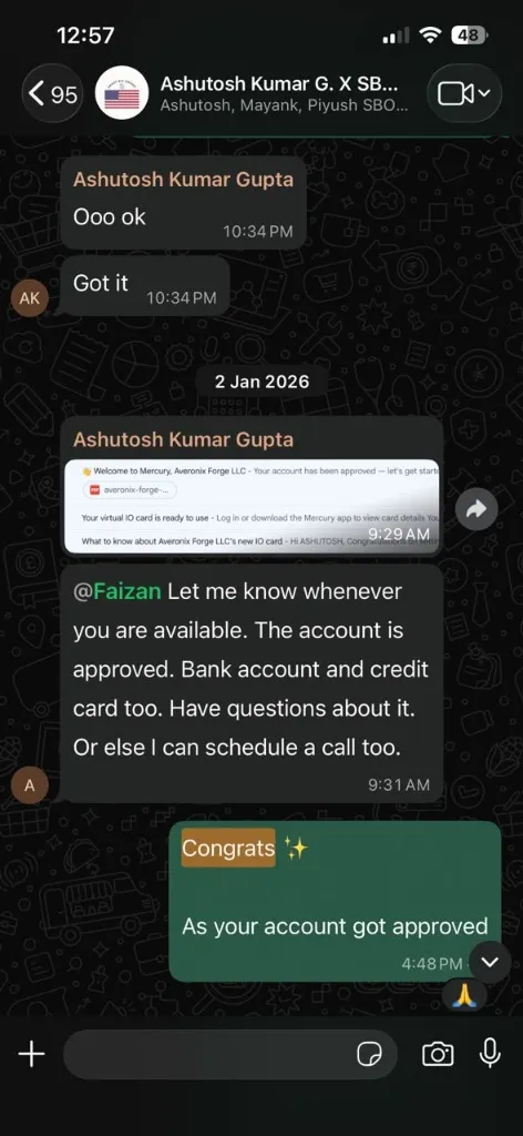 WhatsApp client confirmation - Ashutosh Kumar Gupta - Mercury bank account & credit card approved
