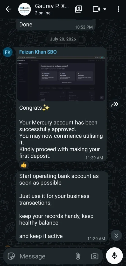 WhatsApp client confirmation - Gaurav P - Mercury account approved