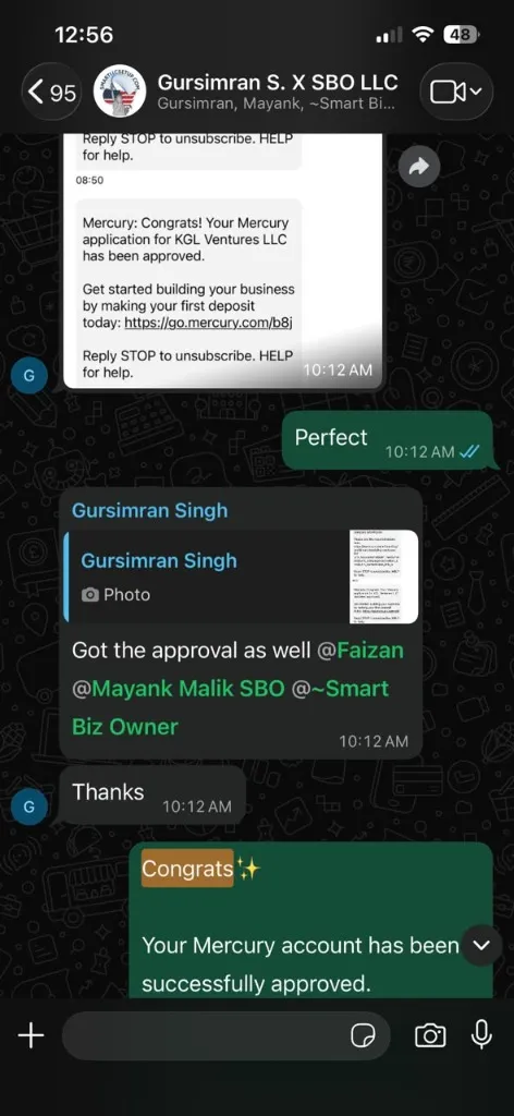 WhatsApp client confirmation - Gursimran Singh - KGL Ventures LLC - Mercury account approved