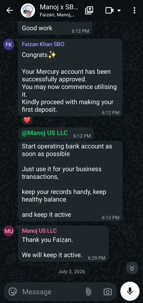 WhatsApp client confirmation - Manoj US LLC - Mercury account approved