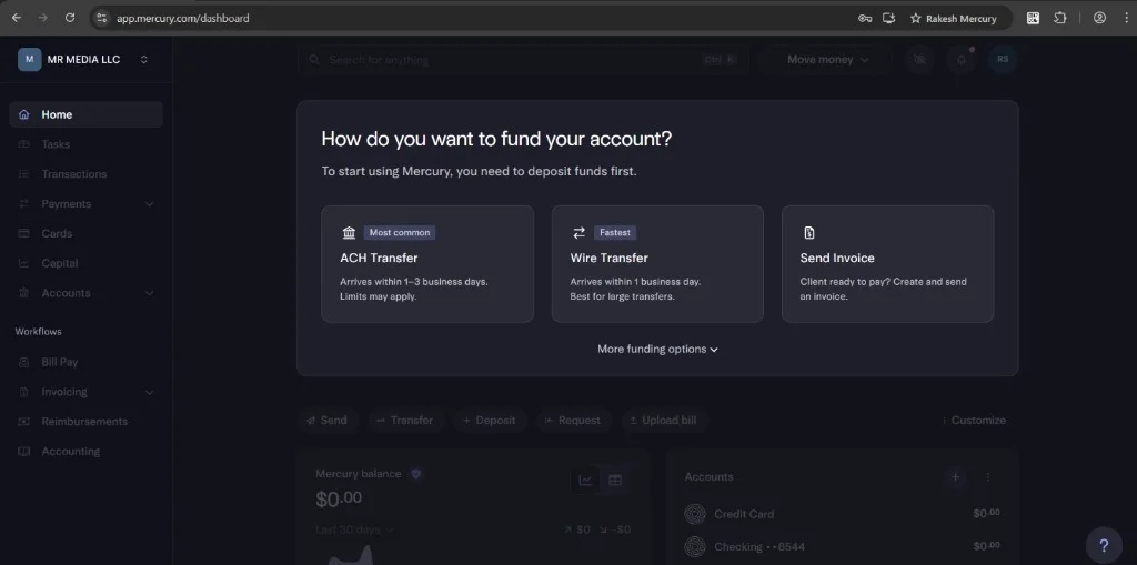 Mercury dashboard screenshot - MR Media LLC