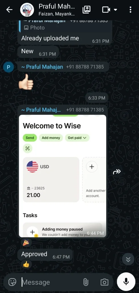 Wise app screenshot - Praful Mahajan - USD account active