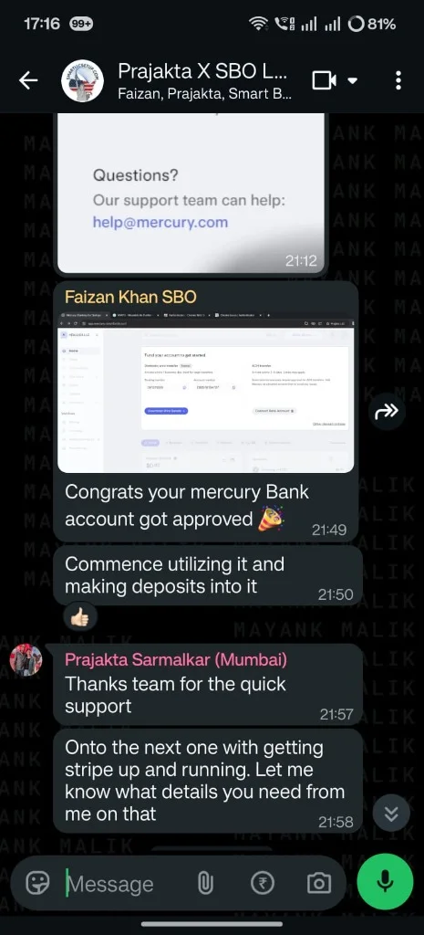 WhatsApp client confirmation - Prajakta Sarmalkar - Mercury bank approved