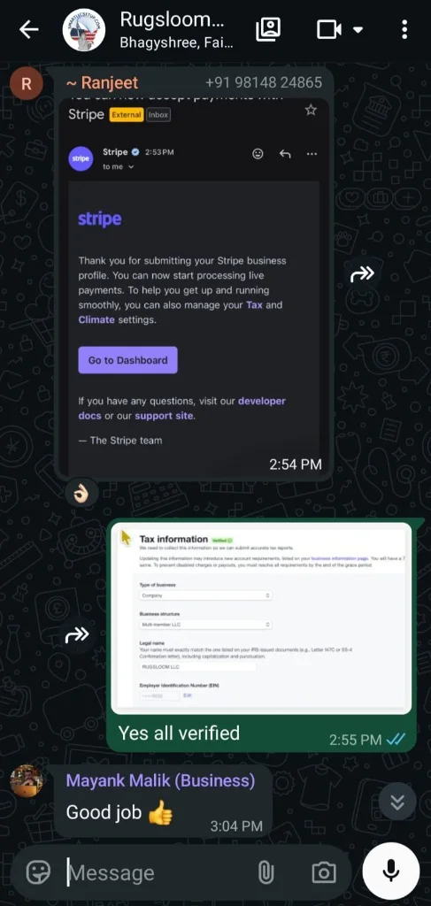 Stripe live payments confirmation - Ranjeet - Rugsloom LLC