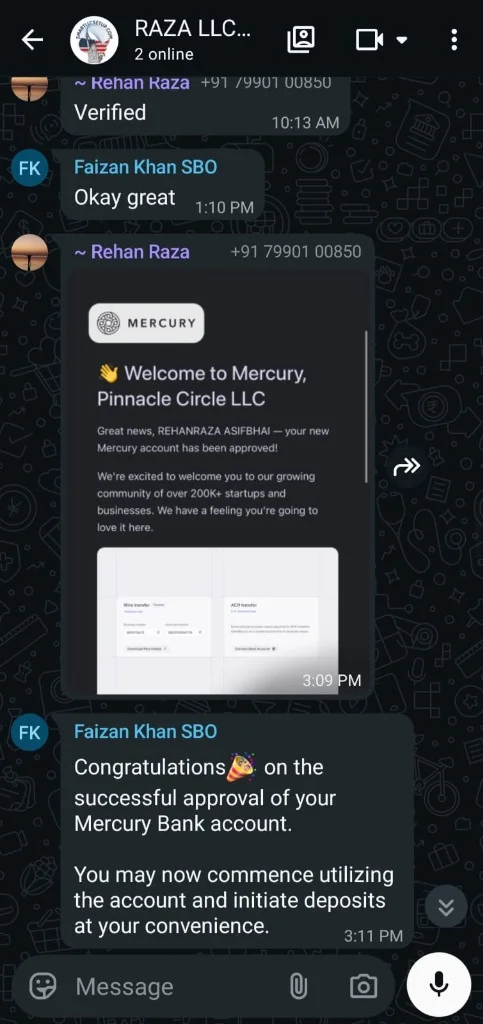 Mercury welcome email - Rehan Raza - Pinnacle Circle LLC