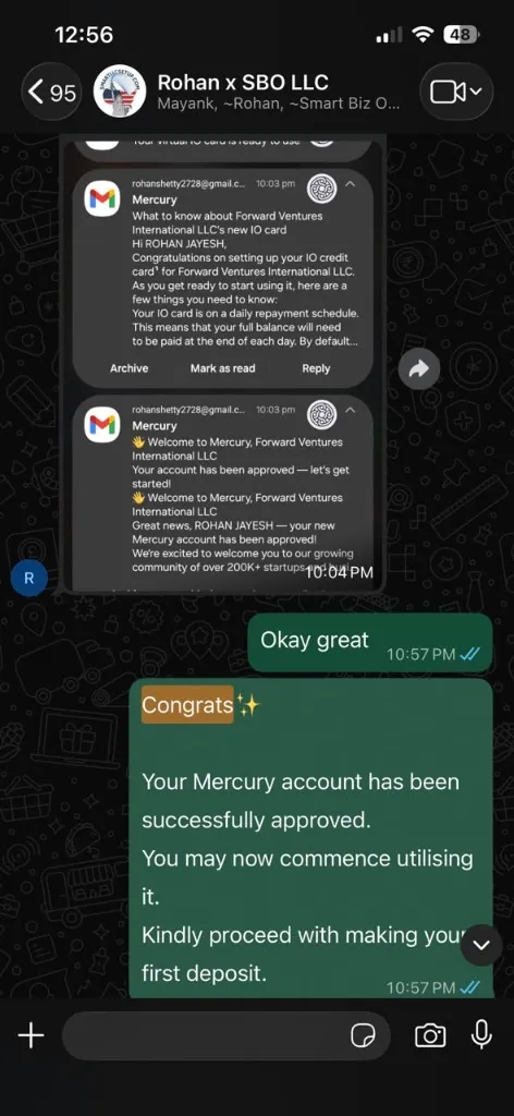 WhatsApp client confirmation - Rohan Jayesh - Forward Ventures LLC - Mercury account approved