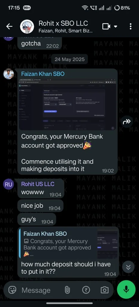 WhatsApp client confirmation - Rohit US LLC - Mercury account approved