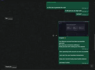 Redacted client WhatsApp message confirming a Mercury account approval